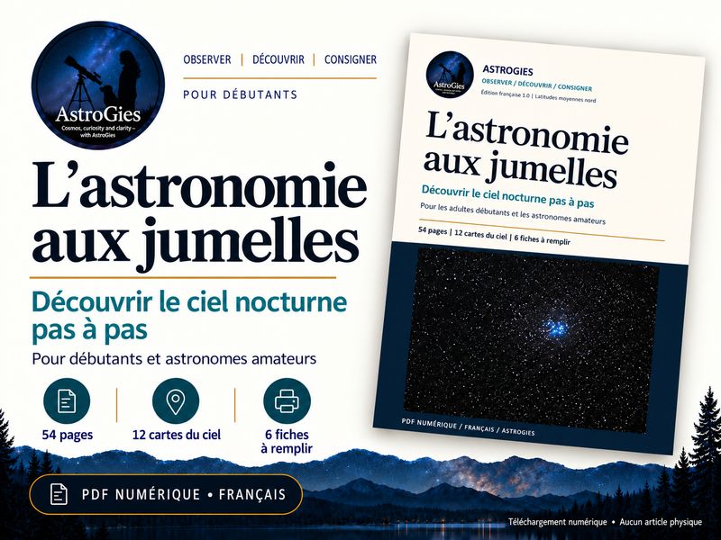 L’astronomie aux jumelles – guide illustré et cahier pratique, 54 pages PDF, français