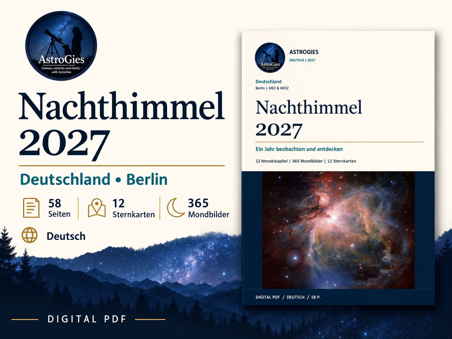 Nachthimmel 2027 – Deutschland | Berlin | Astronomiekalender, 58 Seiten PDF
