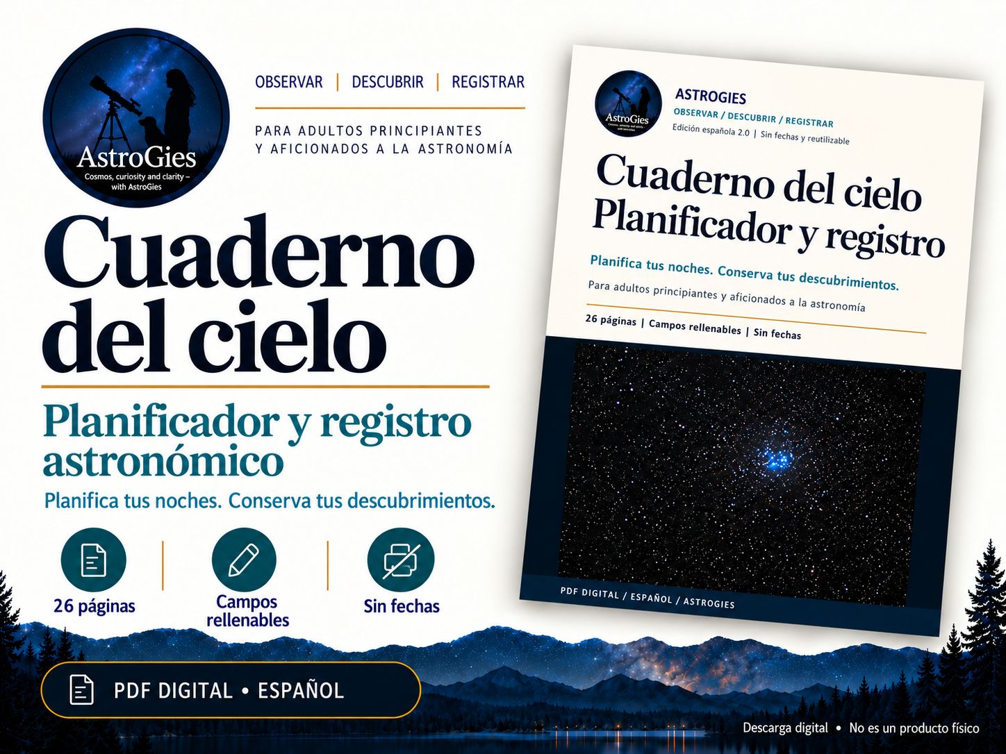 Cuaderno del cielo – planificador astronómico sin fechas, 26 páginas PDF rellenables, español