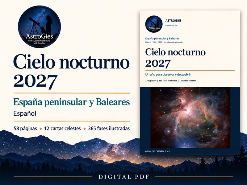 Cielo nocturno 2027 – España peninsular y Baleares, Madrid, calendario astronómico de 58 páginas PDF, español