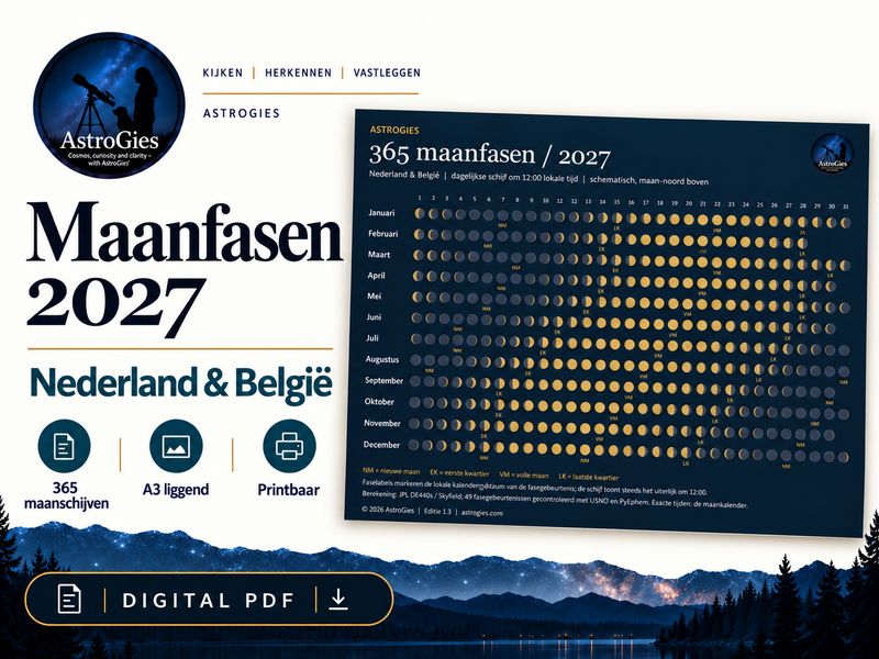 Maanfasenposter 2027 – 365 maanfasen – A3 liggend – Nederlandse PDF
