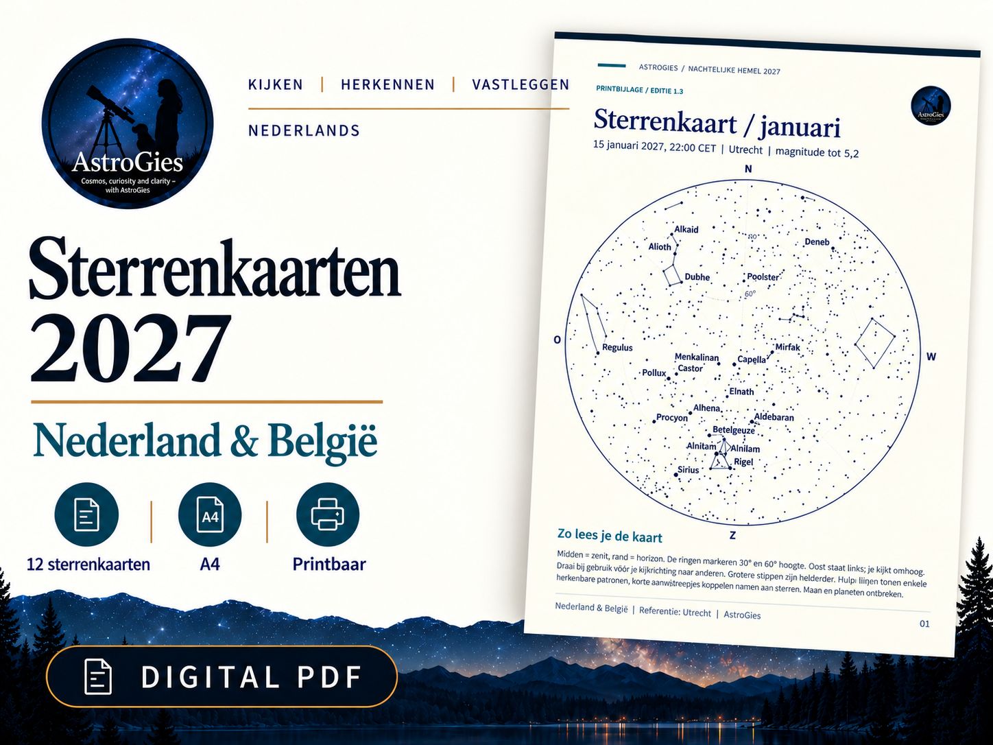 Sterrenkaarten 2027 – 12 maandkaarten op A4 – Nederland &amp; België – Nederlandse PDF