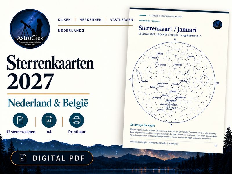 Sterrenkaarten 2027 – 12 maandkaarten op A4 – Nederland &amp; België – Nederlandse PDF