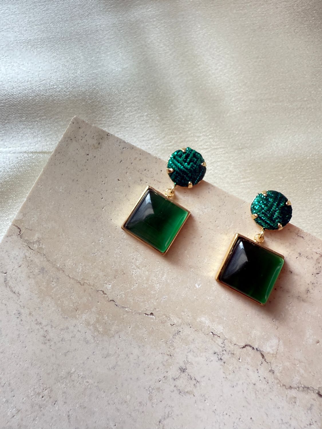 Silk Square Earrings, Green