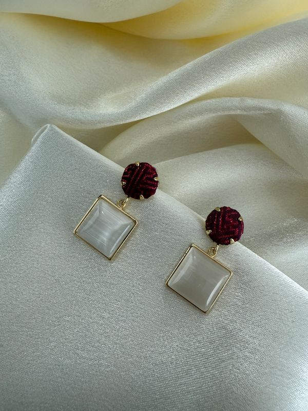 Silk Square Earrings, Burgundy
