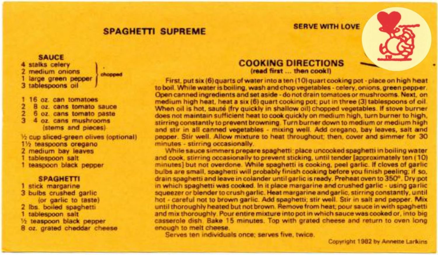 SPAGHETTI SUPREME RECIPE/Do not place an order for this item; double click to magnify recipe. (no shipping)