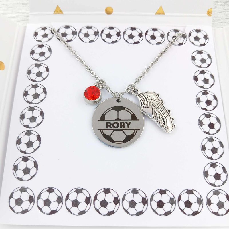 Football name engraved necklace with football boot and birthstone