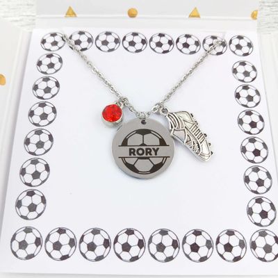 Football name engraved necklace with football boot and birthstone
