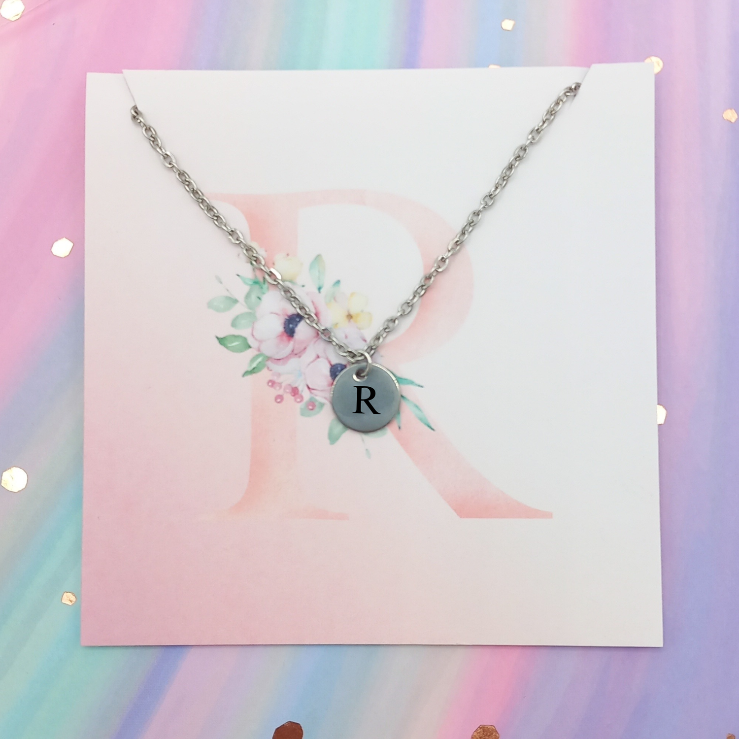 Initial mini circle charm necklace - pink