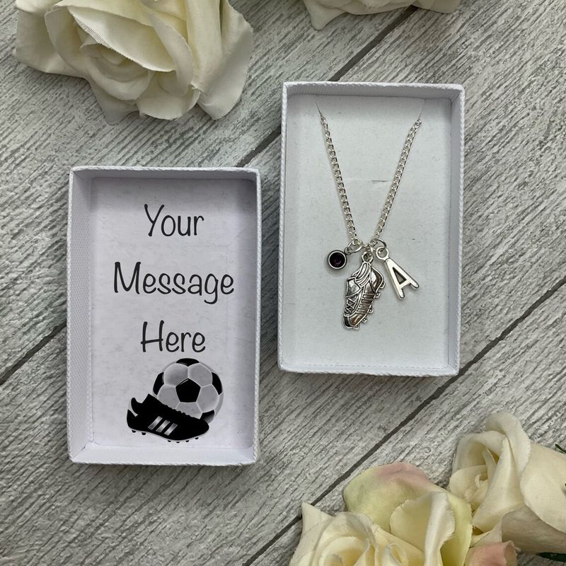 Football necklace with football boot, birthstone and initial charms