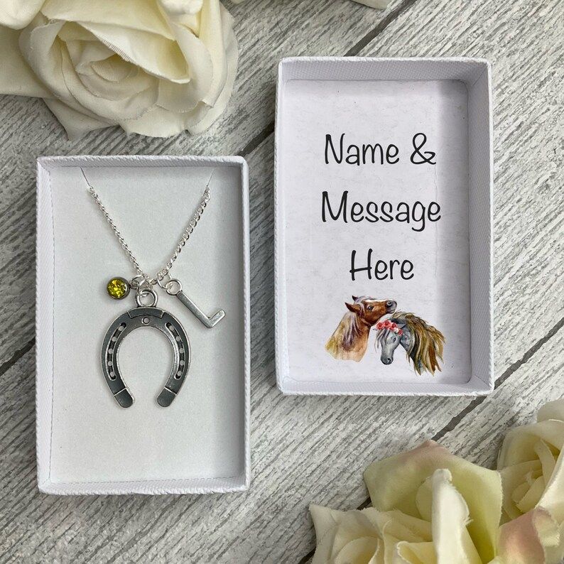 Horse shoe necklace with horseshoe pendant, birthstone and initial charms