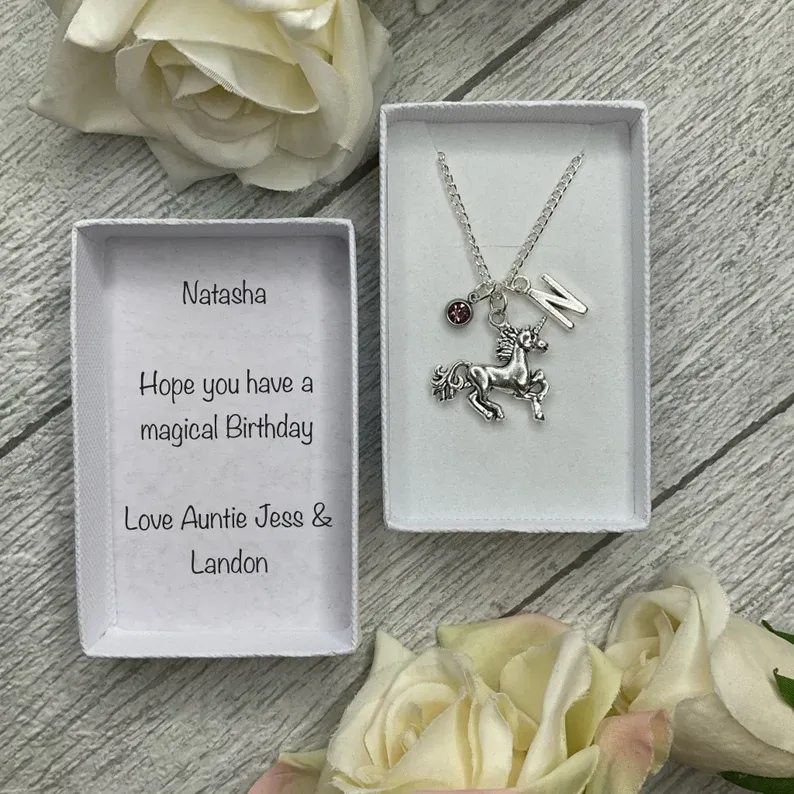 Unicorn necklace with unicorn, birthstone and initial charms