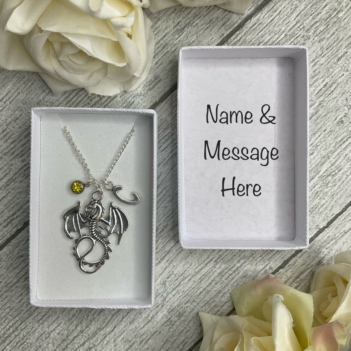 Dragon necklace with Dragon pendant, birthstone and initial charms
