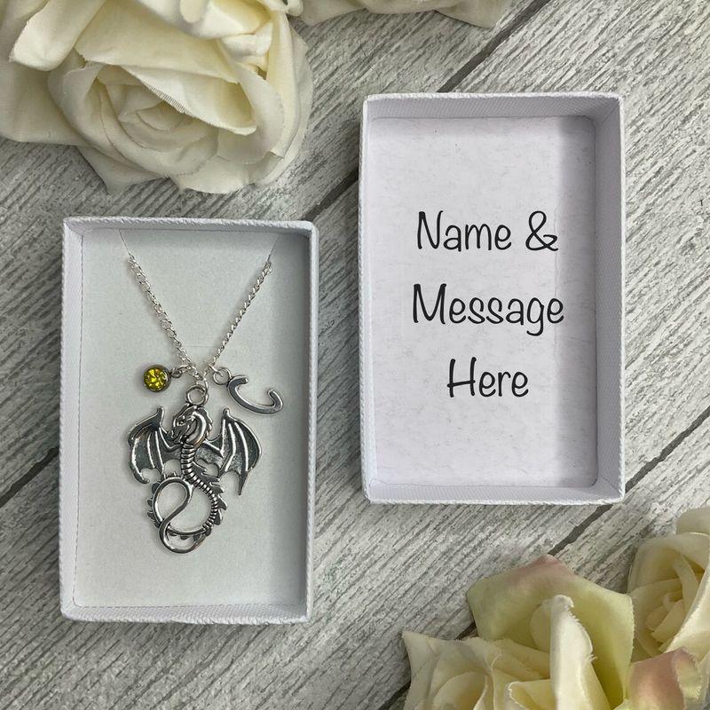 Dragon necklace with Dragon pendant, birthstone and initial charms