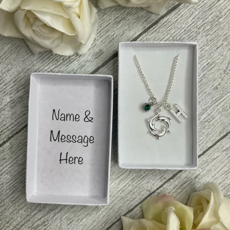 Dolphin necklace with dolphins, birthstone and initial charms
