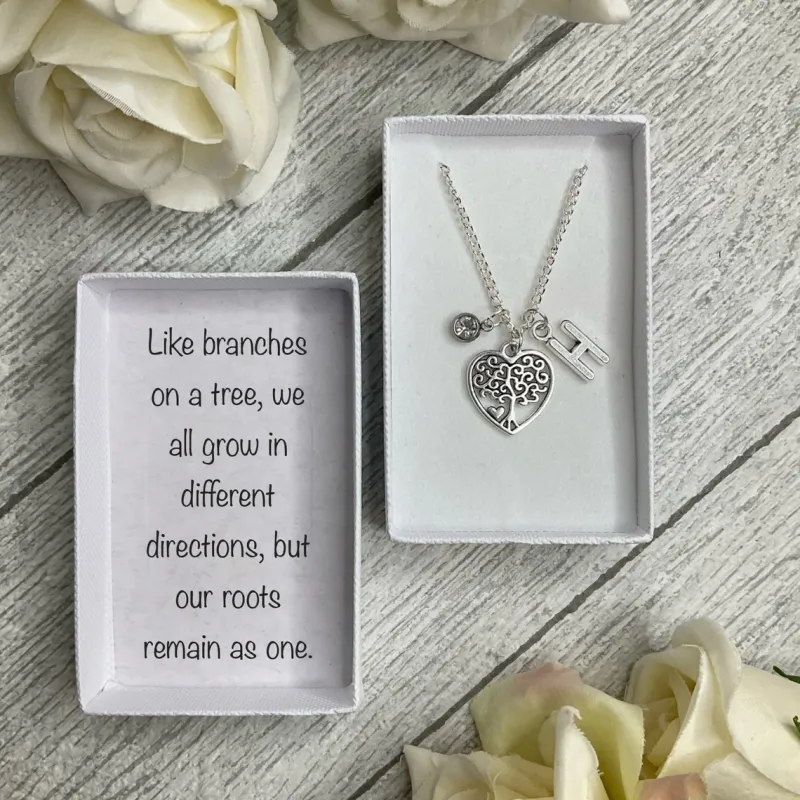 Tree of Life Heart necklace with tree in a heart, birthstone and initial charms