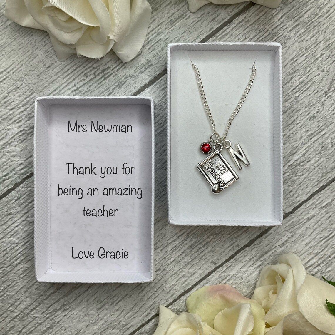 No1 teacher book necklace with teacher book, birthstone and initial charms