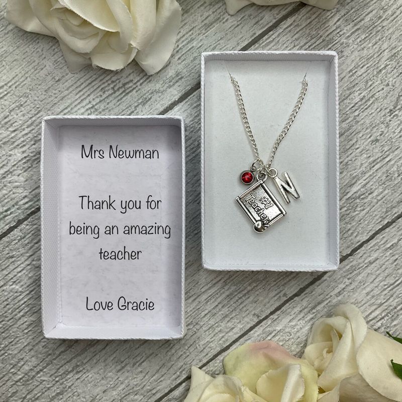 No1 teacher book necklace with teacher book, birthstone and initial charms