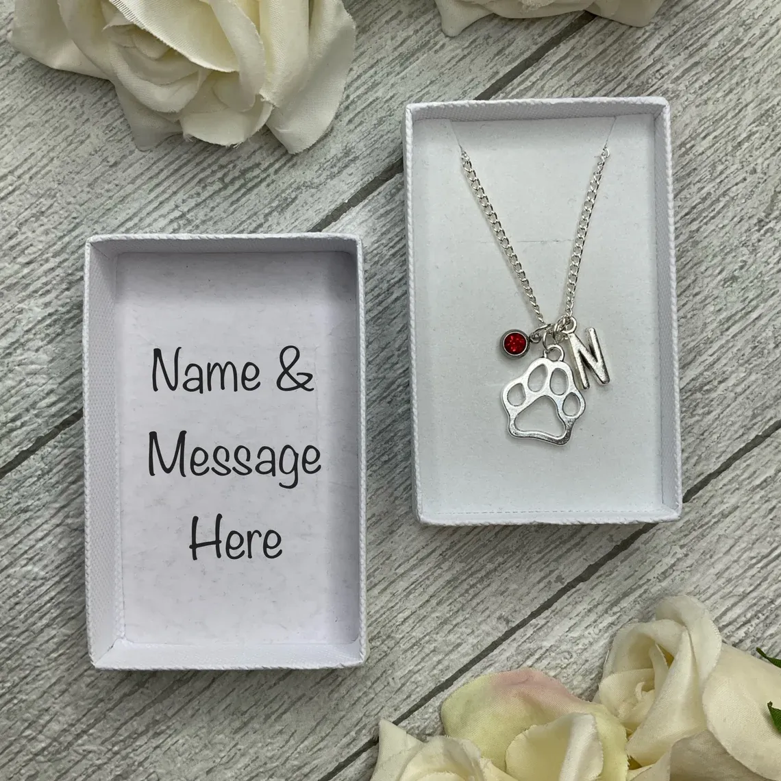 Dog pawprint necklace with pawprint, birthstone and initial charms