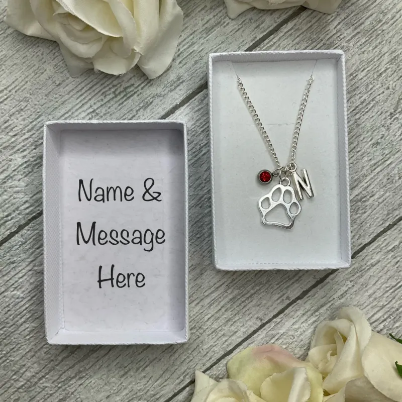 Dog pawprint necklace with pawprint, birthstone and initial charms