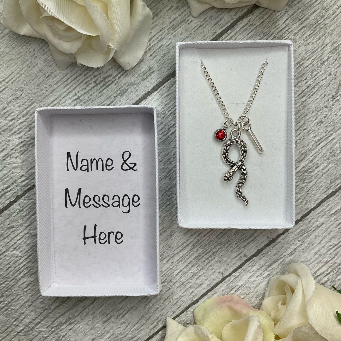 Snake necklace with Snake, birthstone and initial charms