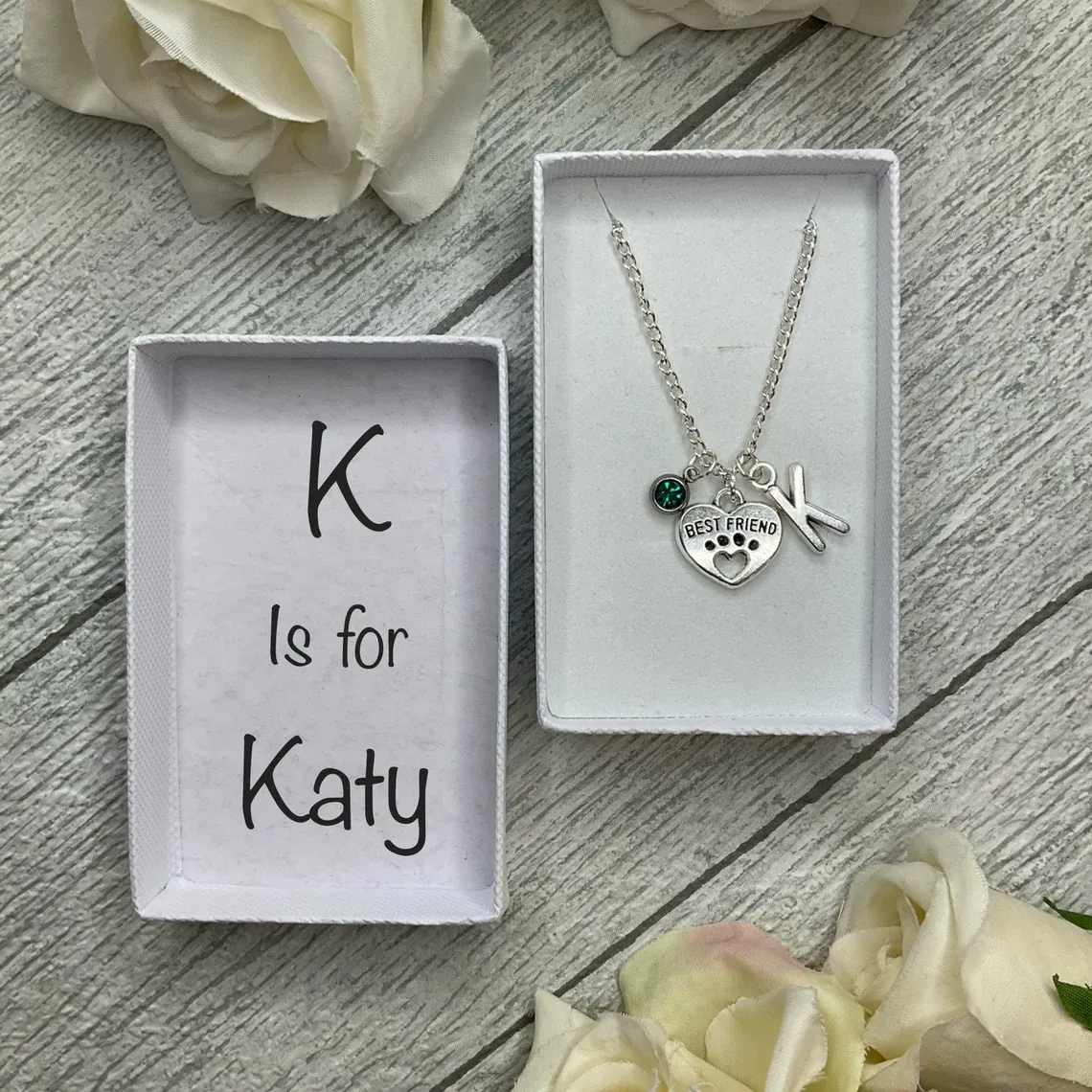 Paw print best friend necklace with pawprint heart, birthstone and initial charms