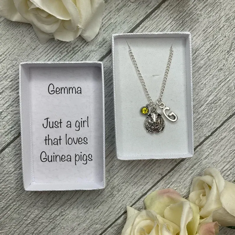 Guinea pig necklace with a guineapig, birthstone and initial charms