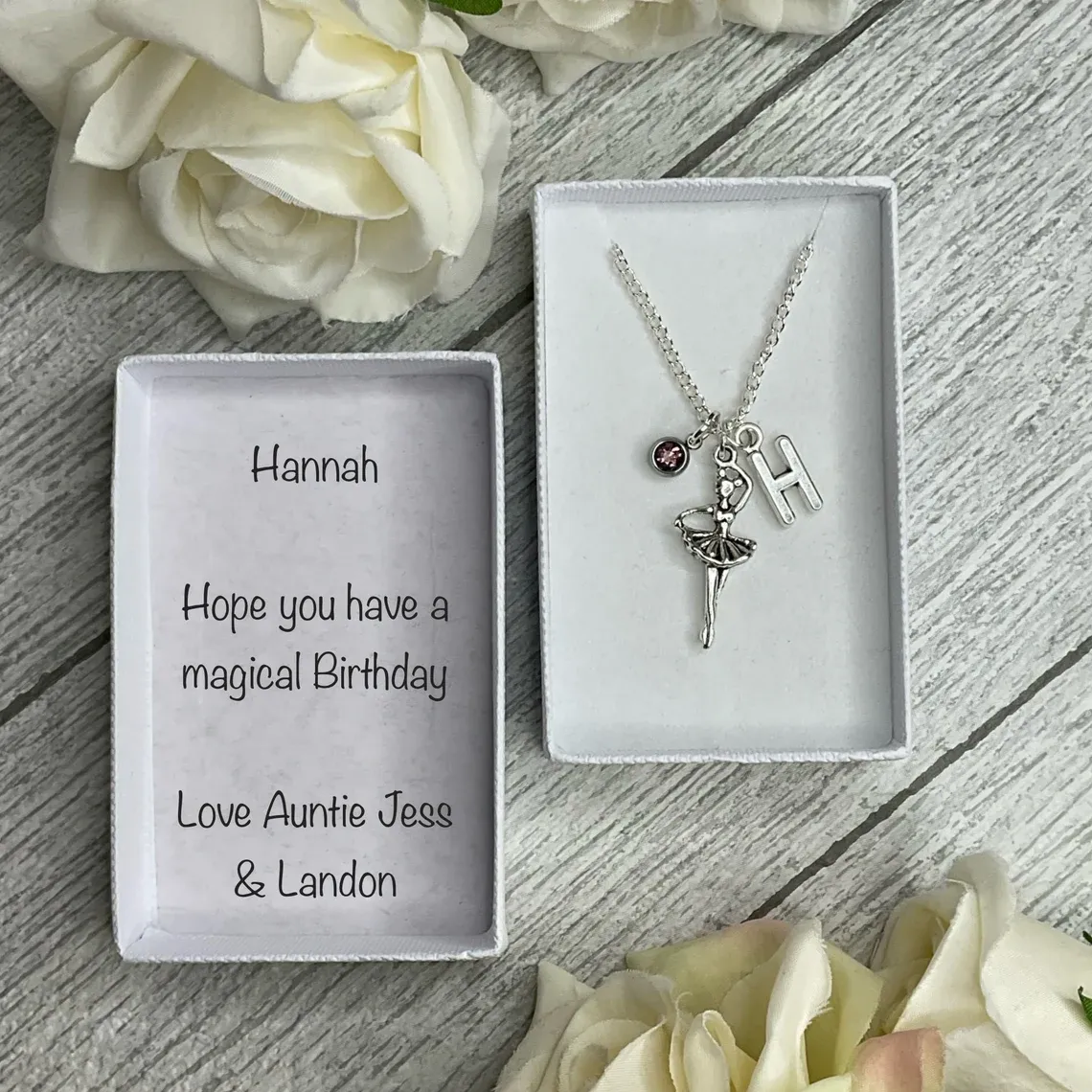 Ballerina necklace with a Ballet dancer, birthstone and initial charms