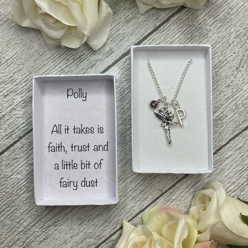 Fairy necklace with a fairy, birthstone and initial charms