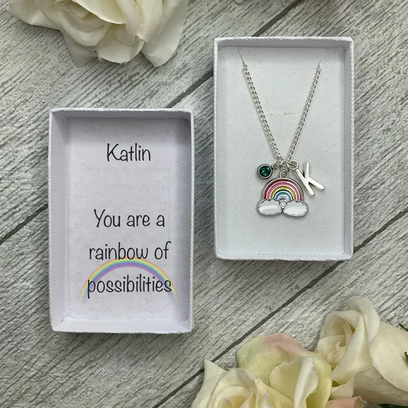 Rainbow necklace with a rainbow, birthstone and initial charms