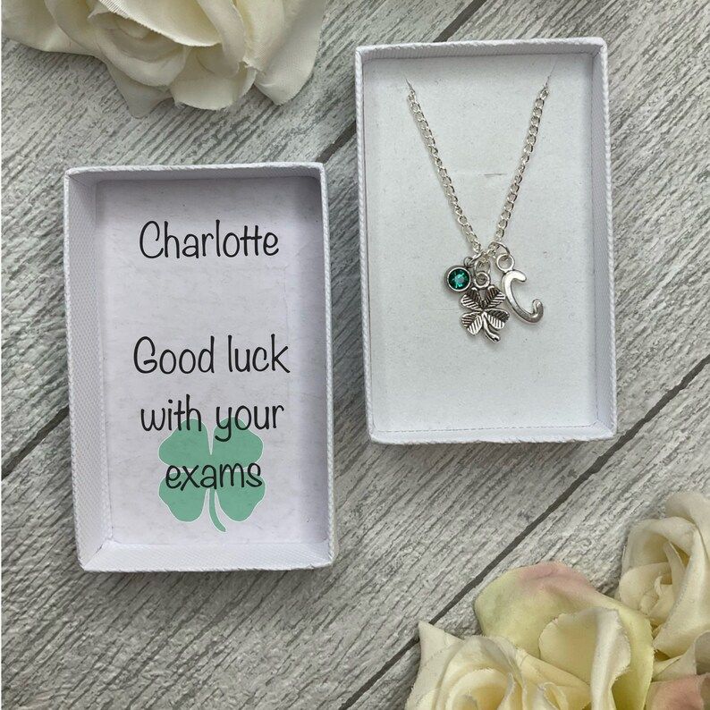 Four leaf clover necklace with a clover leaf, birthstone and initial charms