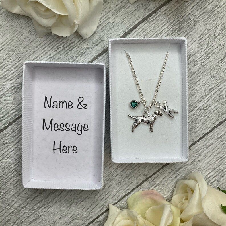 Dog necklace with a dog, birthstone and initial charms