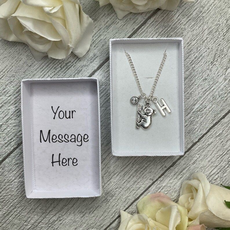 Koala necklace with a Koala, birthstone and initial charms