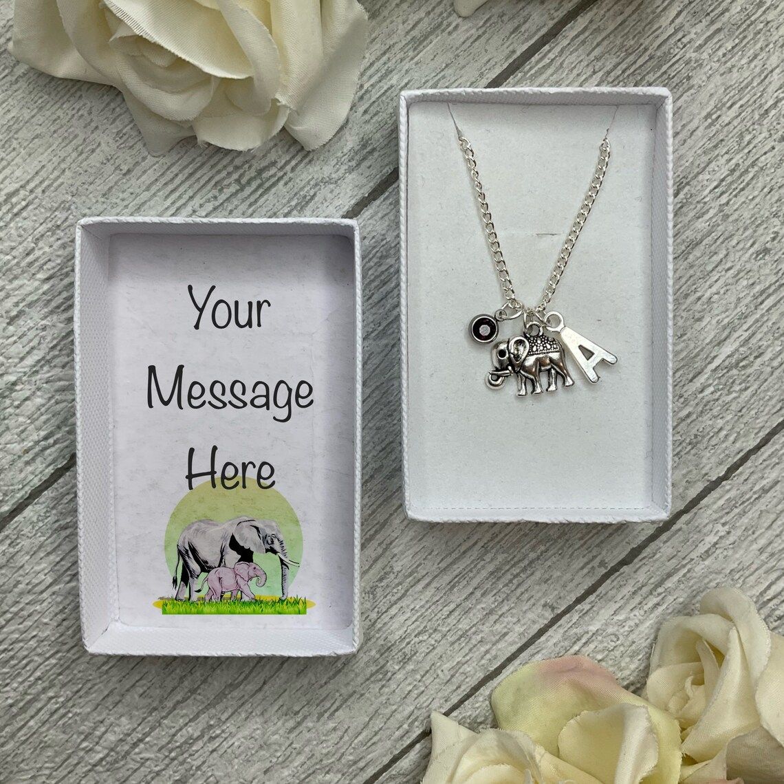 Elephant necklace with a elephant, birthstone and initial charms