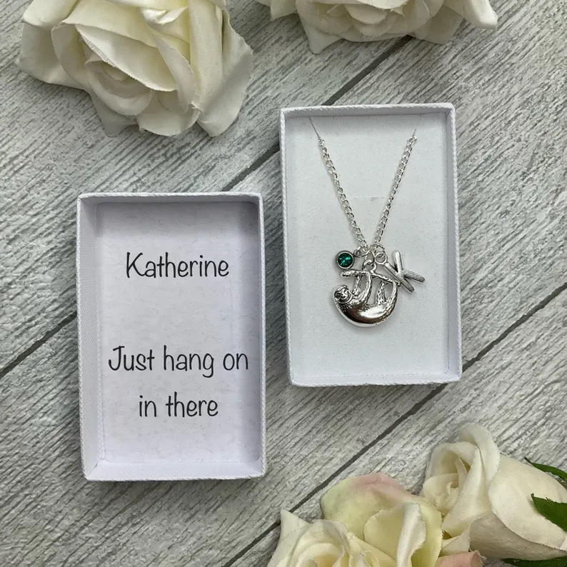 Sloth necklace with a sloth, birthstone and initial charms