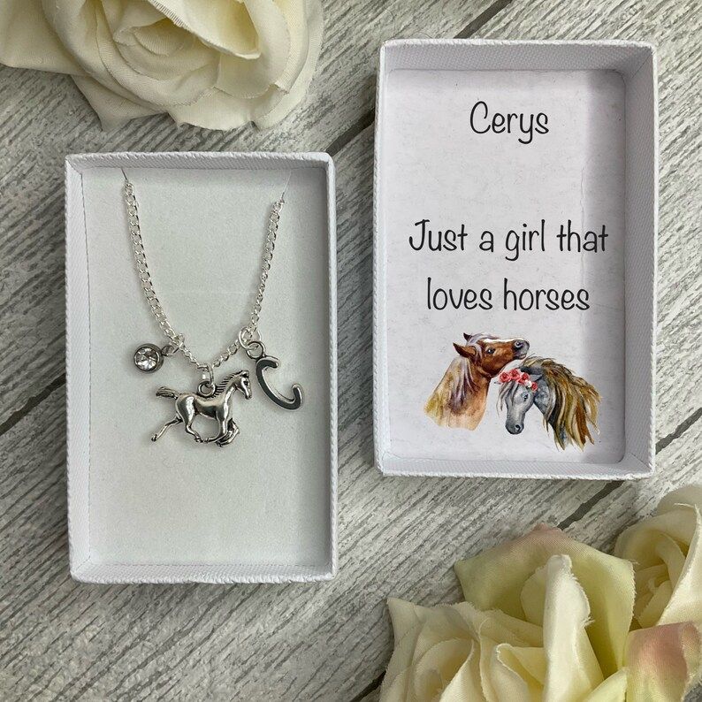 Horse pony necklace with a horse/pony, birthstone and initial charms