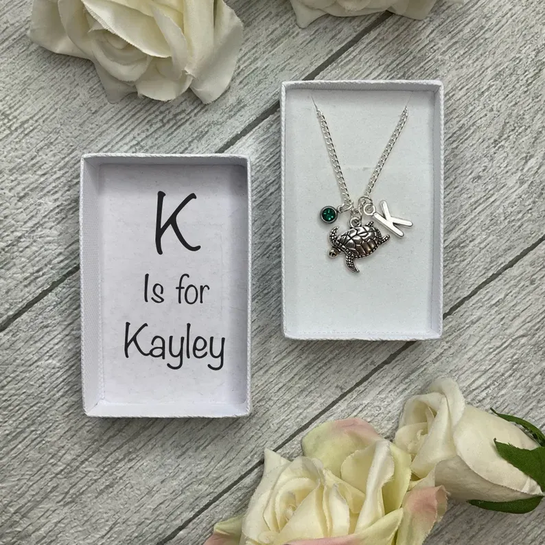Sea Turtle necklace with a sea turtle, birthstone and initial charms