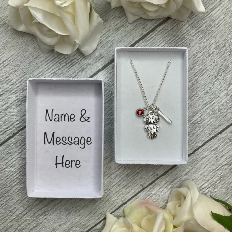 Owl necklace with a owl, birthstone and initial charms