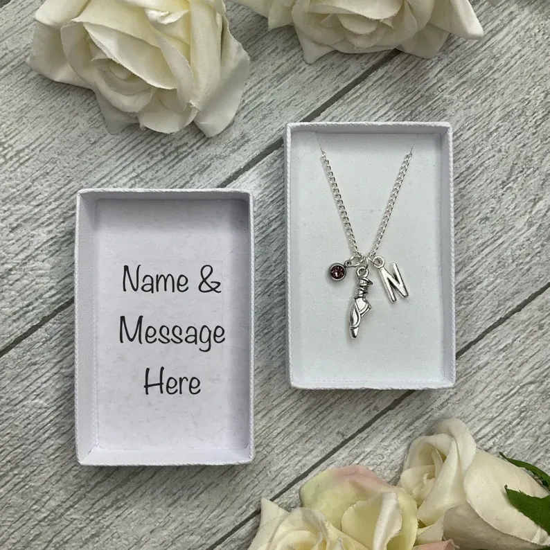 Ballet shoe necklace with a Ballerina shoe, birthstone and initial charms