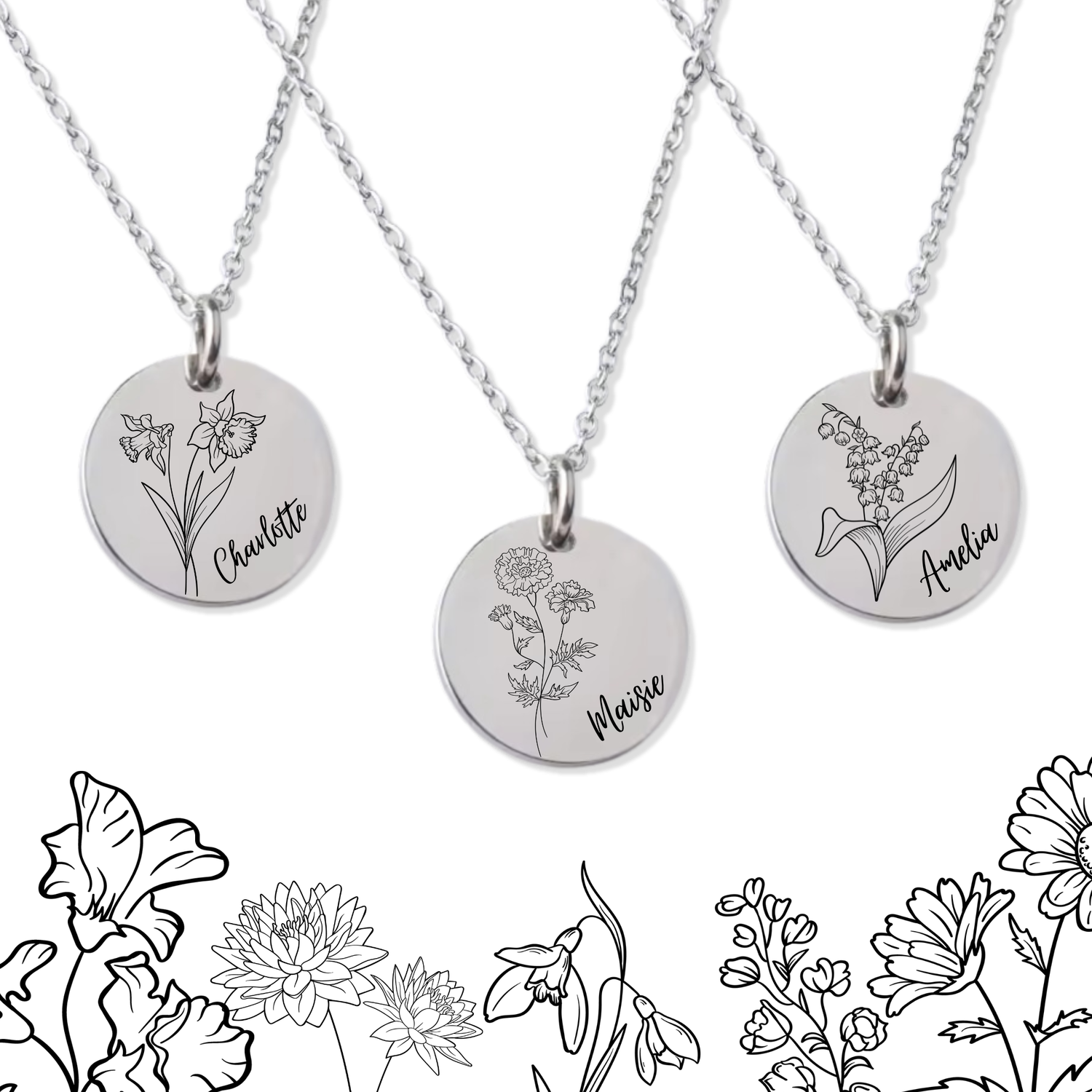 Birthflower necklace, personalised with your chosen Birthflower and name