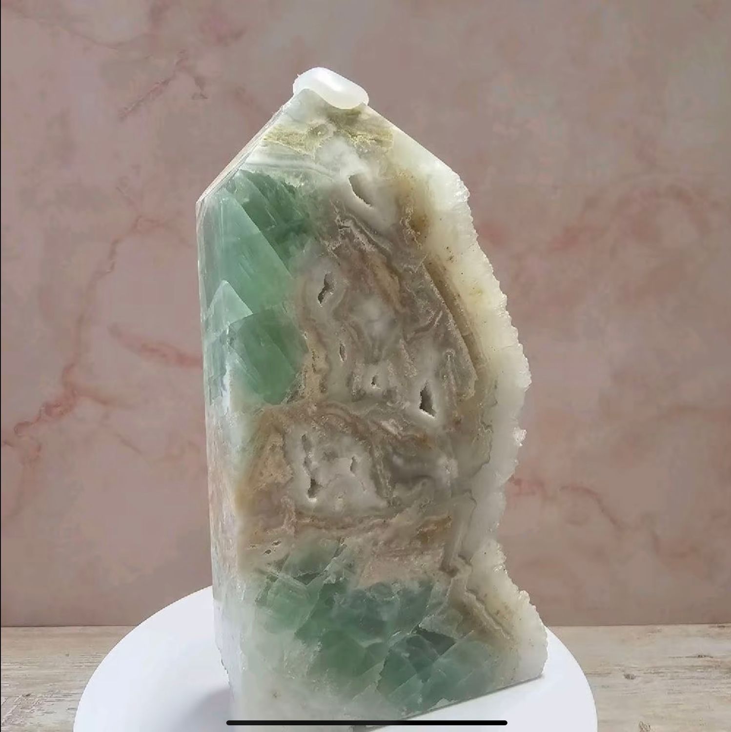 Green Fluorite tower with druzy sugar quartz. Fluorite crystal with quartz.