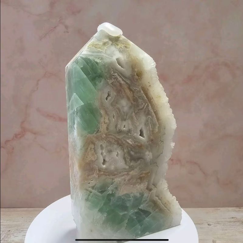 Green Fluorite tower with druzy sugar quartz. Fluorite crystal with quartz.