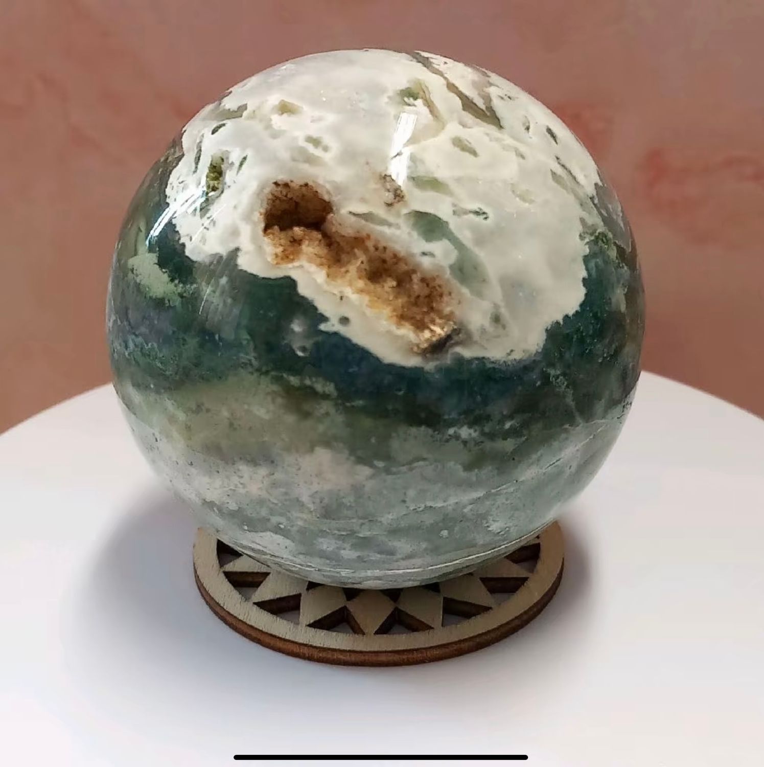 Moss Agate Sphere with druzy. Crystal sphere. 6.62cm 389g
