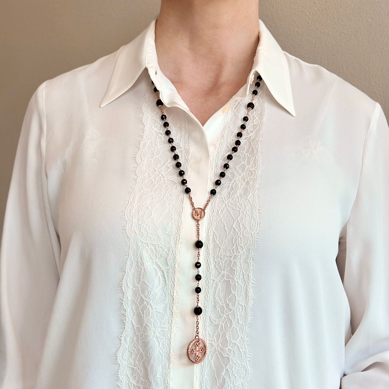 TUUM COLLANA ROSARIO MAGNUM LUX AG 925 ROSA E ONICE CON RUBINI
