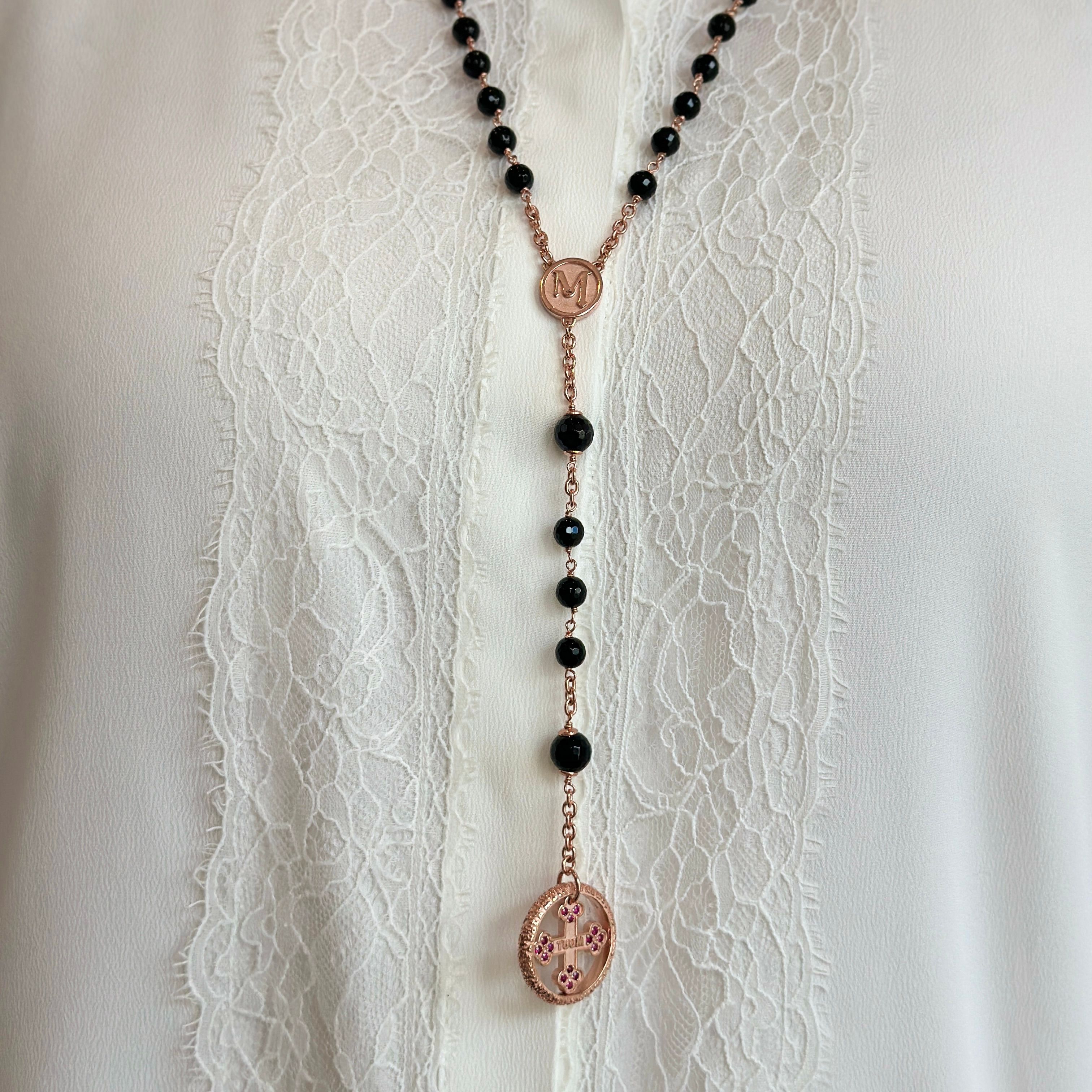 TUUM COLLANA ROSARIO MAGNUM LUX AG 925 ROSA E ONICE CON RUBINI