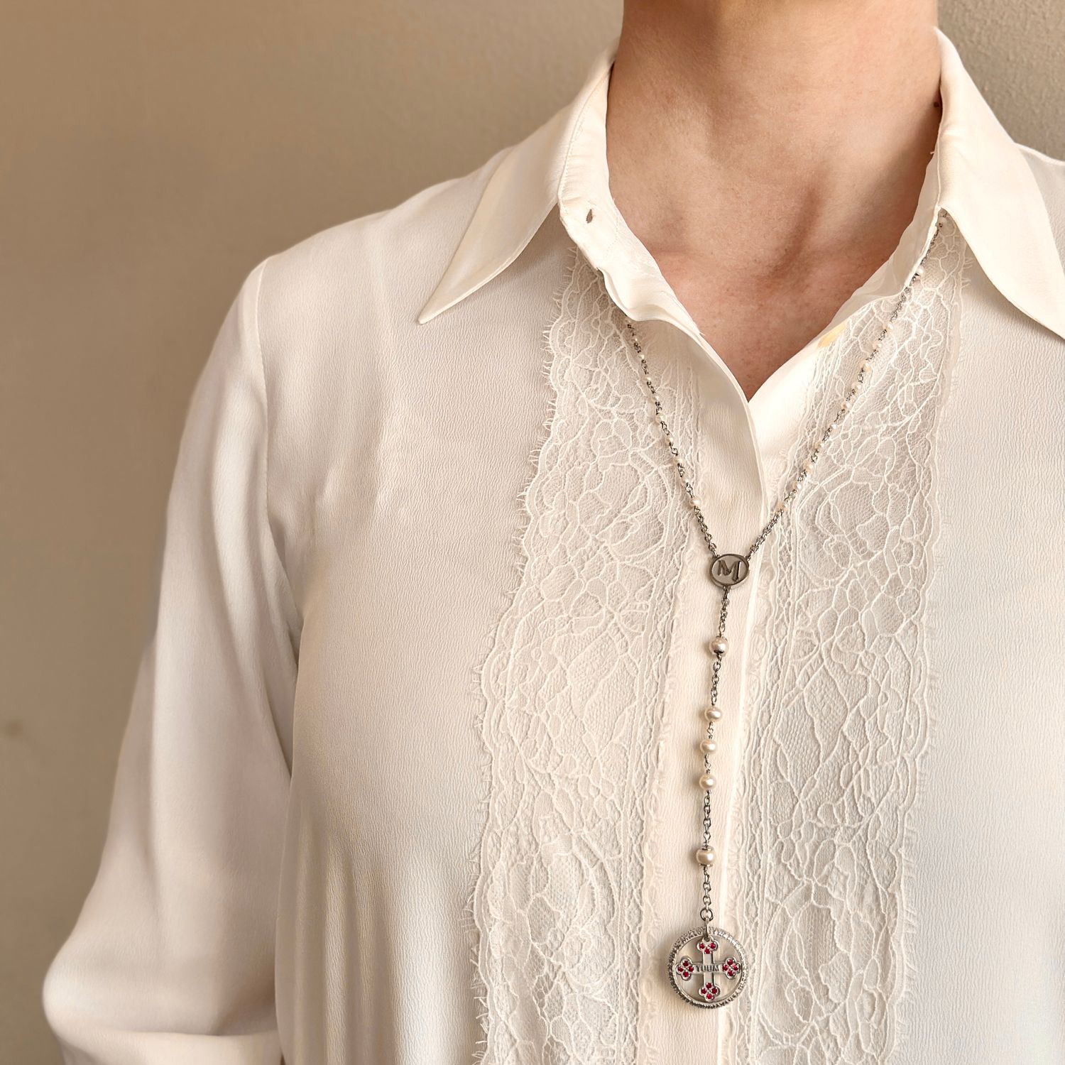 TUUM COLLANA ROSARIO PERLE LUX AG 925 RODIATO PERLE E RUBINI