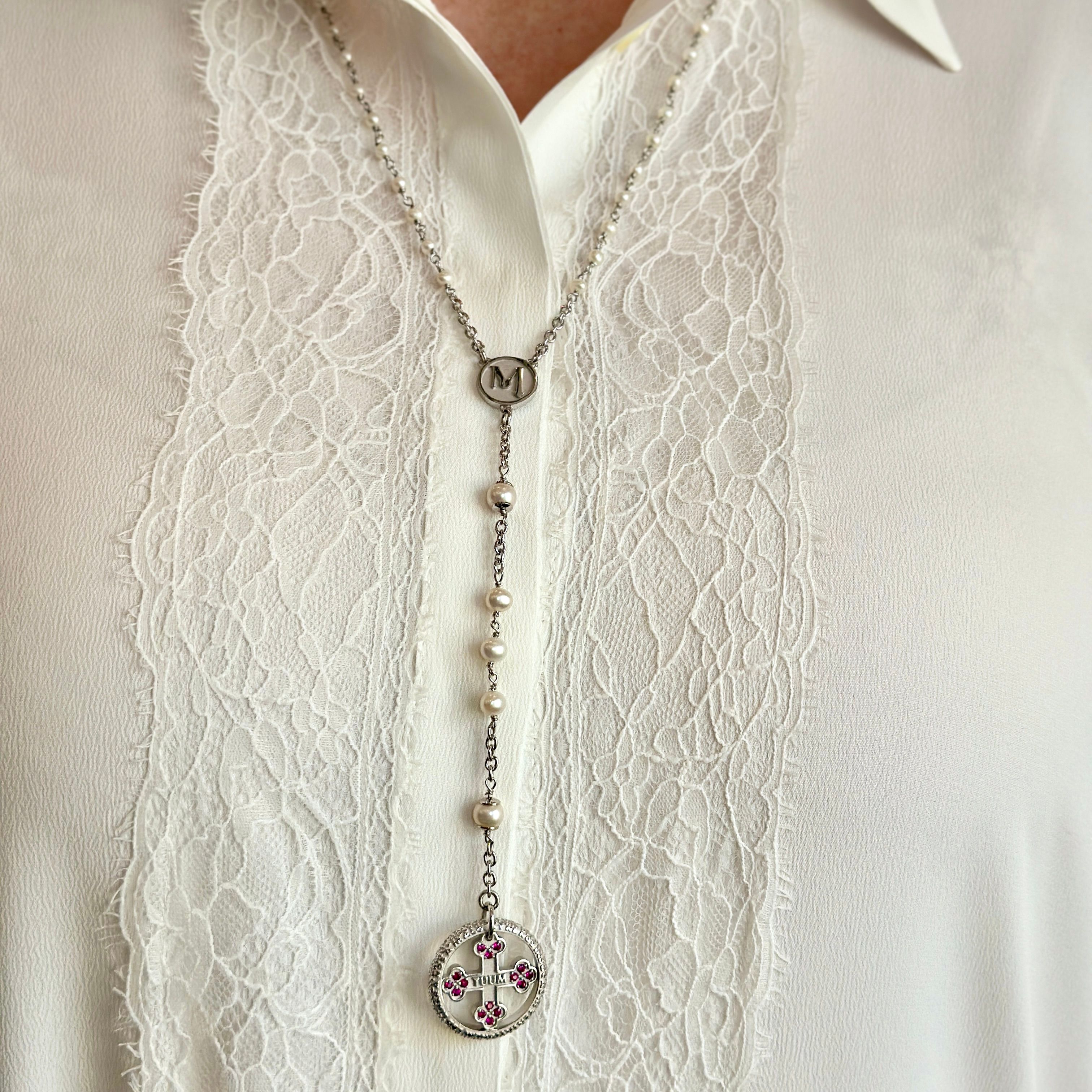 TUUM COLLANA ROSARIO PERLE LUX AG 925 RODIATO PERLE E RUBINI