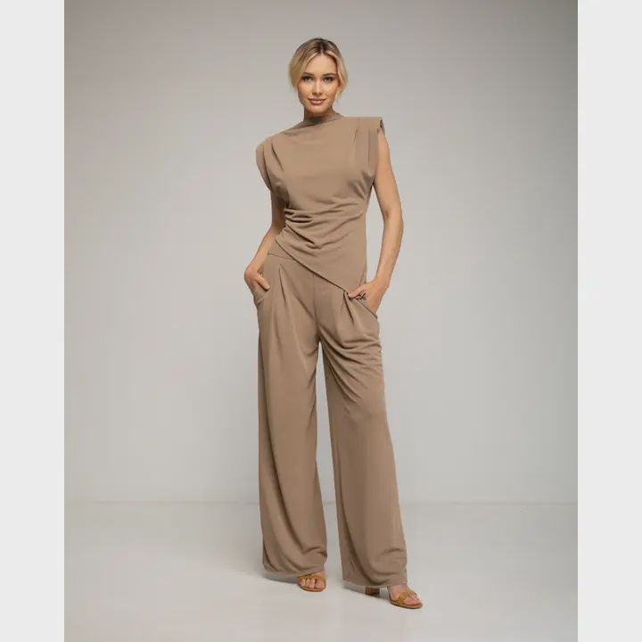 Rechte broek en top met korte mouwen (set), Colour: Camel, Size: Small