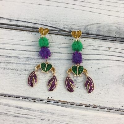 Mardi Gras Crawfish Pom Pom Earrings