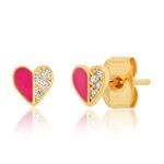 Pink Enamel Split Half CZ Heart Post Earrings
